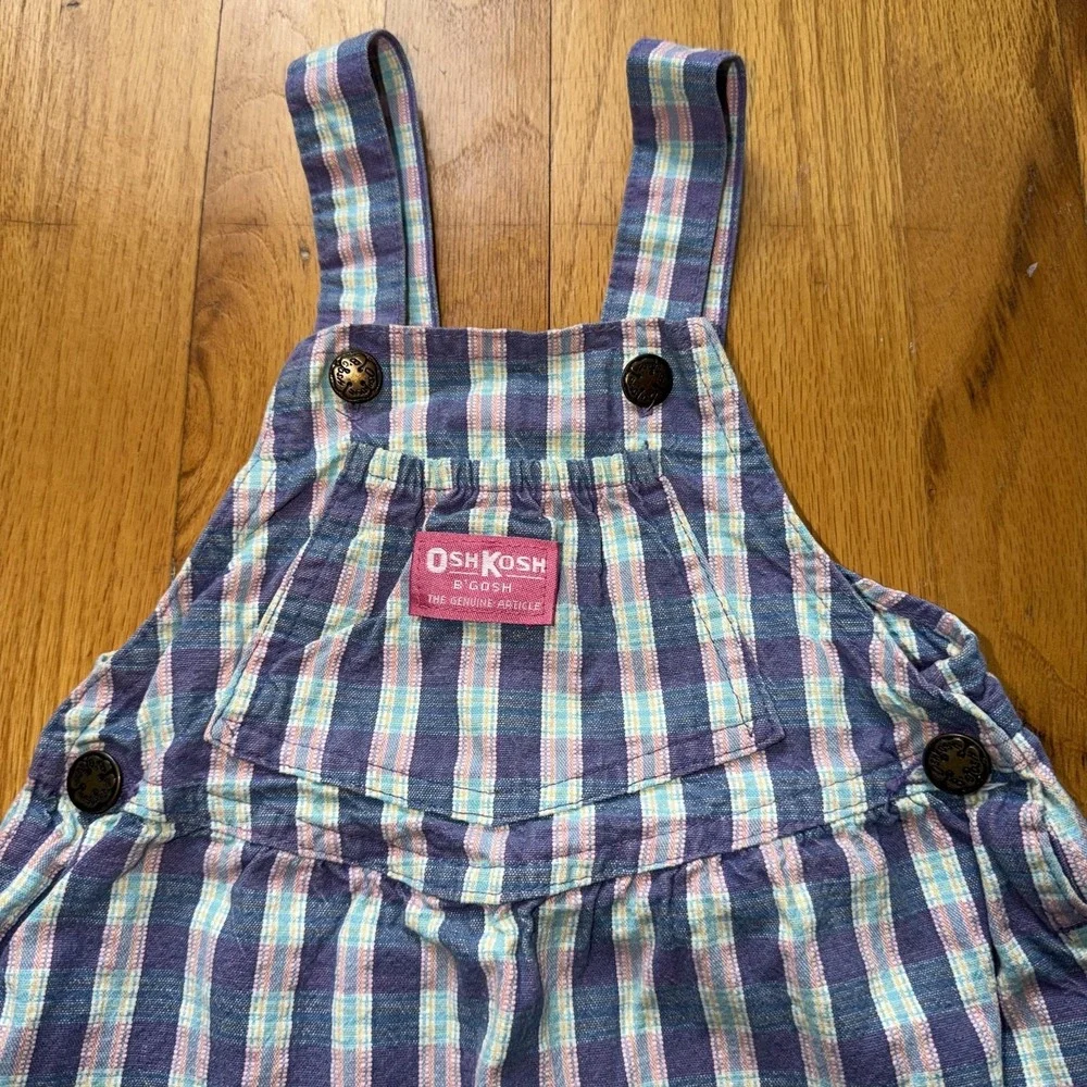 Vintage OshKosh B'gosh Overall Dress Girls 3T Blue Plaid Pinafore Pastel USA VTG